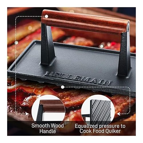  Bellemain Cast Iron Grill Press - Steak Meat Press, Meat Flattener, Bacon Press, Smash Burger Press for Griddle, Panini Press, Grill Sandwich Press - Wood Handle, 2.6 lbs