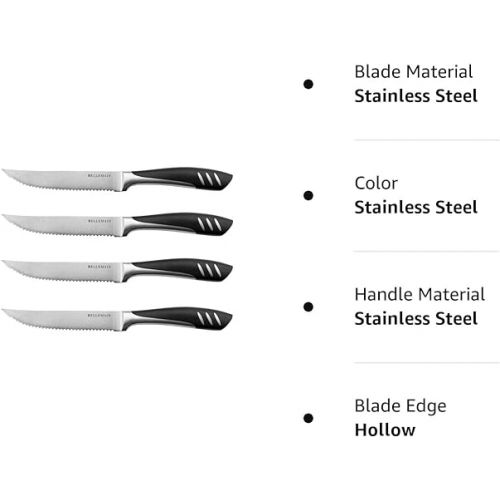  Bellemain Premium Steak Knives Set of 4, Kitchen Knife Sets with Steel Blades for Precise Cutting, Lightweight Steak Knife Set Stainless Steel & Durable, Serrated Steak Knives Dishwasher Safe