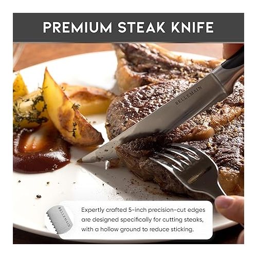  Bellemain Premium Steak Knives Set of 8, Kitchen Knife Sets with Steel Blades for Precise Cutting, Lightweight Steak Knife Set Stainless Steel & Durable, Serrated Steak Knives Dishwasher Safe