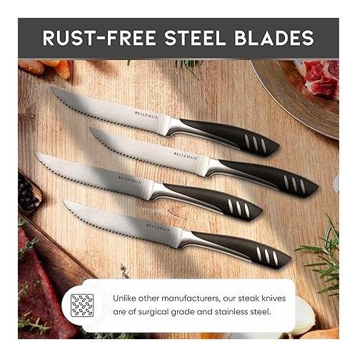  Bellemain Premium Steak Knives Set of 8, Kitchen Knife Sets with Steel Blades for Precise Cutting, Lightweight Steak Knife Set Stainless Steel & Durable, Serrated Steak Knives Dishwasher Safe