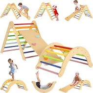 7 in 1 Wooden Pikler Triangle Set, Toddler Climbing Toys for Indoor & Outdoor with Ramp, Arch, Montessori Climbing Set for Toddler, Baby, Playground Jungle Gym for Kids 1-6 Years - Rainbow