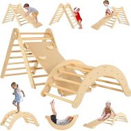 7 in 1 Wood Pikler Triangle Set, Foldable Toddler Climbing Toys Indoor, Montessori Climbing Set with Ramp, Arch & Climbing Triangle, Baby Climbing Gym, Indoor Playground for Kids 1-6 - Natural