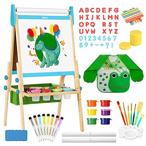  [아마존베스트]Belleur Kids Easel with Paper Roll, Standing Easel with Magnetic Dual-sided Chalkboard & Whiteboard, Three Adjustable Heights for 3-7 Years Old, Magnetic Letters, Chalks, Paint Pot