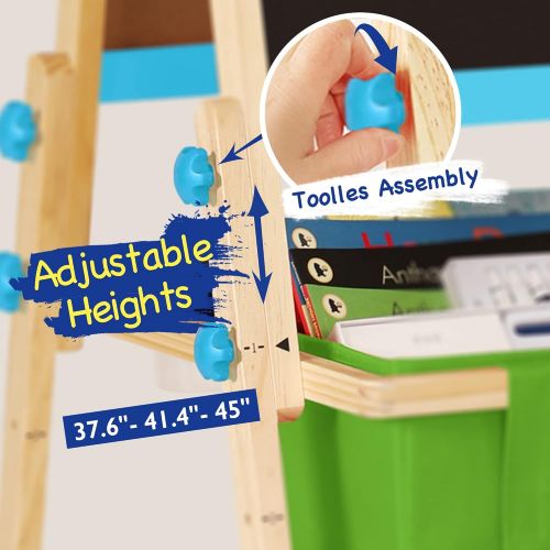  [아마존베스트]Belleur Kids Easel with Paper Roll, Standing Easel with Magnetic Dual-sided Chalkboard & Whiteboard, Three Adjustable Heights for 3-7 Years Old, Magnetic Letters, Chalks, Paint Pot