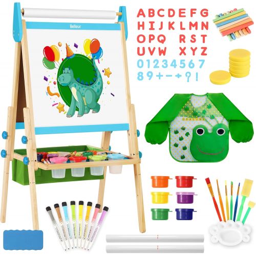  [아마존베스트]Belleur Kids Easel with Paper Roll, Standing Easel with Magnetic Dual-sided Chalkboard & Whiteboard, Three Adjustable Heights for 3-7 Years Old, Magnetic Letters, Chalks, Paint Pot