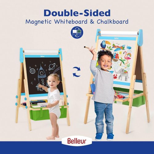  [아마존베스트]Belleur Kids Easel with Paper Roll, Standing Easel with Magnetic Dual-sided Chalkboard & Whiteboard, Three Adjustable Heights for 3-7 Years Old, Magnetic Letters, Chalks, Paint Pot