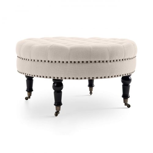  Belleze Tufted Beige Linen 33-inch Round Accent Ottoman Foot Stool Large, Beige