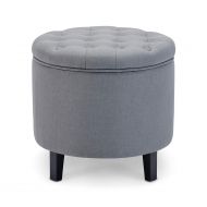 Belleze Nailhead Round Tufted Storage Ottoman Large Footrest Stool Coffee Table Lift Top, Gray