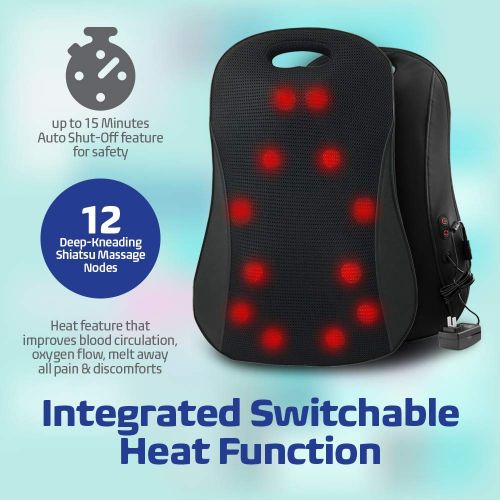  Belmint Deep Kneading Back Massager with Heat - Shiatsu 3D Nodes to Relax and Relief Back Pain Muscle Soreness - Home and Office or Car Use