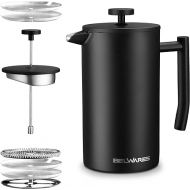French Press Coffee Maker 34 Oz - Insulated Coffee Press Stainless Steel 304 - Double Wall & 4 Level Filtration System (1 Liter) - Black