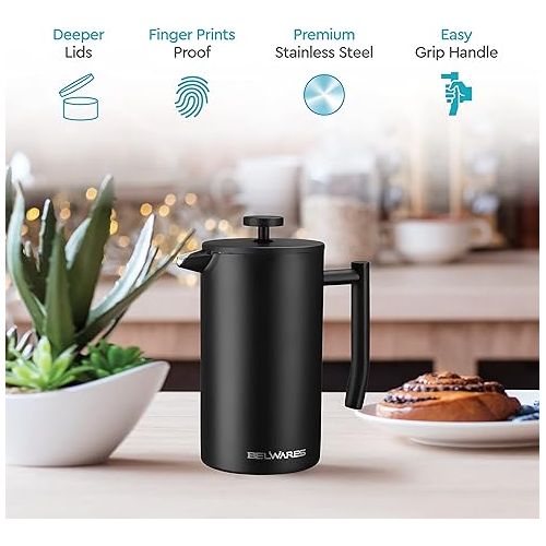  French Press Coffee Maker 34 Oz - Insulated Coffee Press Stainless Steel 304 - Double Wall & 4 Level Filtration System (1 Liter) - Black