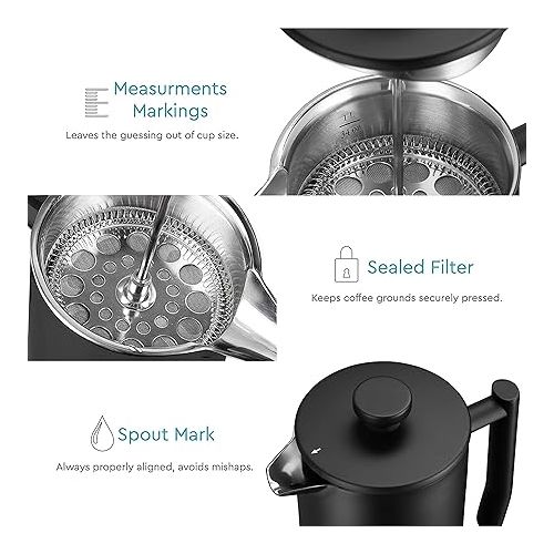  French Press Coffee Maker 34 Oz - Insulated Coffee Press Stainless Steel 304 - Double Wall & 4 Level Filtration System (1 Liter) - Black