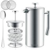 Belwares French Press Coffee Maker 34 Oz ? Insulated Coffee Press Stainless Steel 304 ? Coffee Spoon, Double Wall, & 4 Level Filtration System (1 Liter) ? Silver