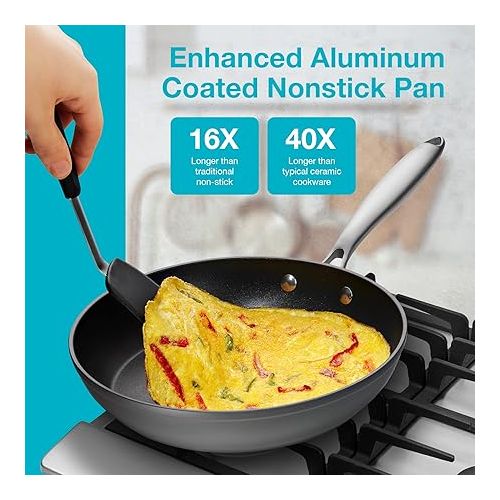  Belwares Nonstick Frying Pan with Spatula & Lid - 10 Inch Non Stick Skillet Egg Frying Pan - Lightweight Aluminum Hard-Anodized Fry Pan for Kitchen Cooking with Gas, Electric, Oven or Induction