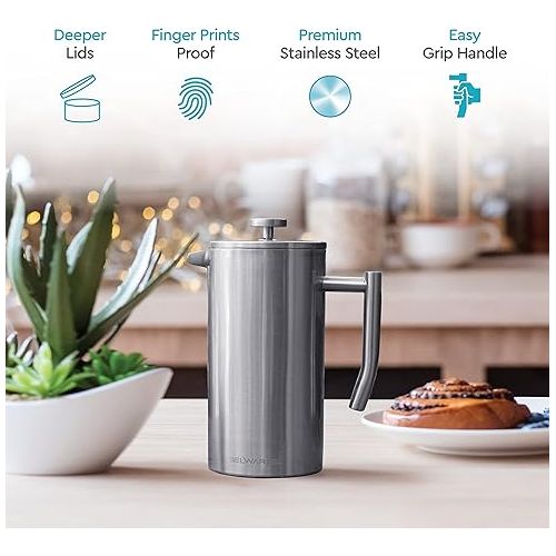  Belwares French Press Coffee Maker 34 Oz - Insulated Coffee Press Stainless Steel 304 - Coffee Spoon, Double Wall, & 4 Level Filtration System (1 Liter) - Silver