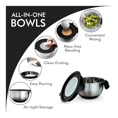  Belwares Mixing Bowls with Lids Set - Nesting Bowls with Graters, Handle, Pour Spout, Airtight Lids - Stainless Steel Non-Slip Mixing Bowl for Cooking, Baking, Prepping, Food Storage (Set of 3)