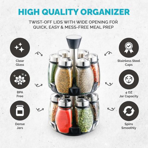  Belwares Spice Rack Organizer for Cabinet - Seasoning, Herb and Spice Organizer with 12 Jars and Labels - Spinning Spice Rack - Compact Seasoning Organizer to Fit Cabinets or Countertops (S