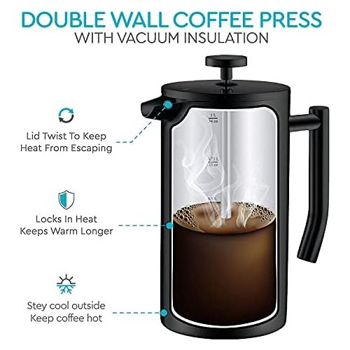  Belwares French Press Coffee Maker - Double Wall 304 Stainless Steel - 4 Level Filtration System with 2 Extra Filters, 34 oz (1L), Black