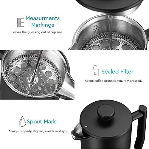  Belwares French Press Coffee Maker - Double Wall 304 Stainless Steel - 4 Level Filtration System with 2 Extra Filters, 34 oz (1L), Black