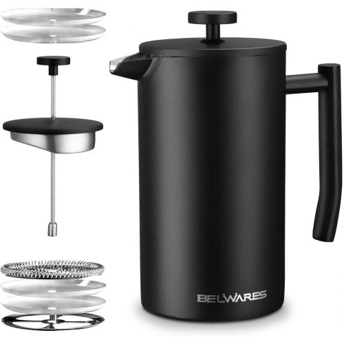  Belwares French Press Coffee Maker - Double Wall 304 Stainless Steel - 4 Level Filtration System with 2 Extra Filters, 34 oz (1L), Black