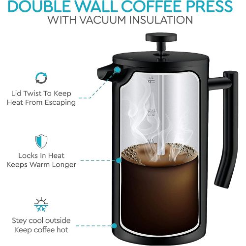  Belwares French Press Coffee Maker - Double Wall 304 Stainless Steel - 4 Level Filtration System with 2 Extra Filters, 34 oz (1L), Black