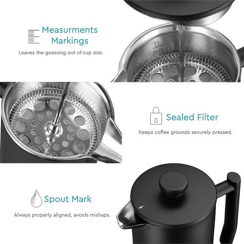  Belwares French Press Coffee Maker - Double Wall 304 Stainless Steel - 4 Level Filtration System with 2 Extra Filters, 34 oz (1L), Black