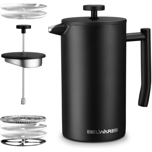  [아마존베스트]Belwares French Press Coffee Maker - Double Wall 304 Stainless Steel - 4 Level Filtration System with 2 Extra Filters, 34 oz (1L), Black