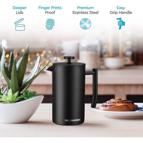  [아마존베스트]Belwares French Press Coffee Maker - Double Wall 304 Stainless Steel - 4 Level Filtration System with 2 Extra Filters, 34 oz (1L), Black