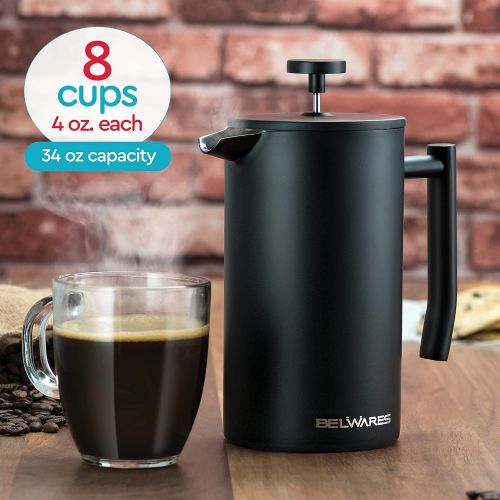  [아마존베스트]Belwares French Press Coffee Maker - Double Wall 304 Stainless Steel - 4 Level Filtration System with 2 Extra Filters, 34 oz (1L), Black