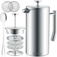 Belwares Large French Press Coffee Maker - 50oz, 1.5L Double Wall 304 Stainless Steel Coffee Press - 4 Level Filtration System with 2 Extra Filters, Silver