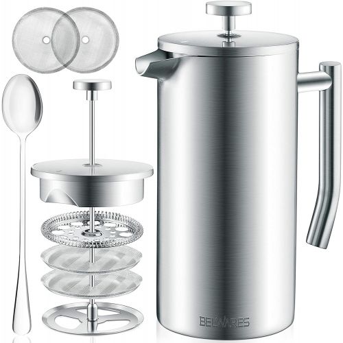  Belwares Large French Press Coffee Maker - 50oz, 1.5L Double Wall 304 Stainless Steel Coffee Press - 4 Level Filtration System with 2 Extra Filters, Silver