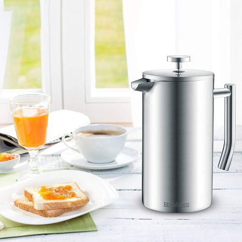  Belwares French Press Coffee Maker - Double Wall 304 Stainless Steel - 4 Level Filtration System with 2 Extra Filters, 34oz (1L) (Silver)