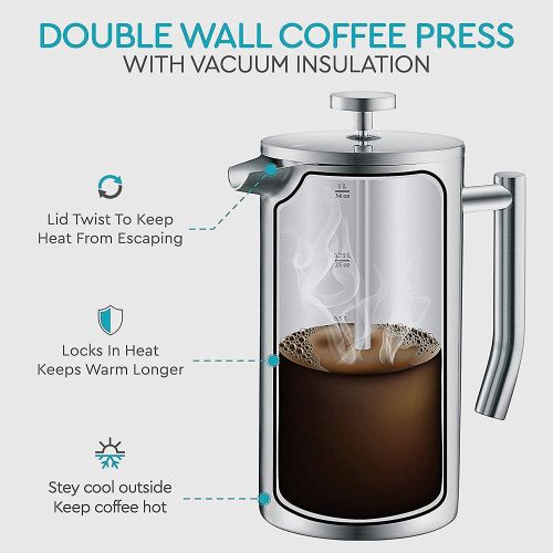  Belwares French Press Coffee Maker - Double Wall 304 Stainless Steel - 4 Level Filtration System with 2 Extra Filters, 34oz (1L) (Silver)