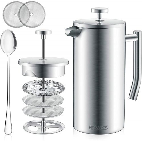  Belwares French Press Coffee Maker - Double Wall 304 Stainless Steel - 4 Level Filtration System with 2 Extra Filters, 34oz (1L) (Silver)