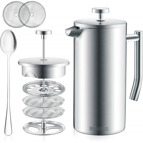  Belwares French Press Coffee Maker - Double Wall 304 Stainless Steel - 4 Level Filtration System with 2 Extra Filters, 34oz (1L) (Silver)