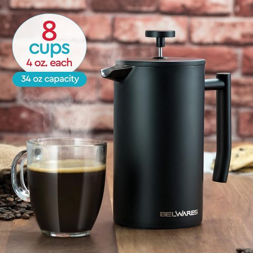  [아마존베스트]Belwares French Press Coffee Maker - Double Wall 304 Stainless Steel - 4 Level Filtration System with 2 Extra Filters, Black, 34oz (1L)