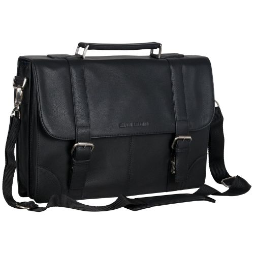  Ben Sherman Leather Double Compartment 15 Flapover Laptop Business Portfolio (RFID), Black