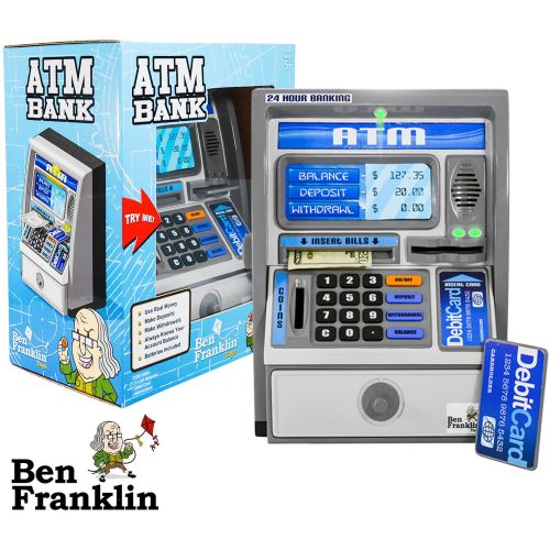  Ben Franklin Toys Kids Talking ATM Machine Savings Bank with digital screen and electronic coin counter, Silver