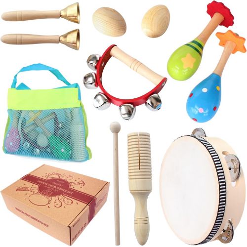  Benelet Wooden Musical Instruments Set for Children,Safe and Friendly Natural Materials,Kids Music Enlightenment,Percussion Instrument Music Toys Kit for Preschool Education,Storag