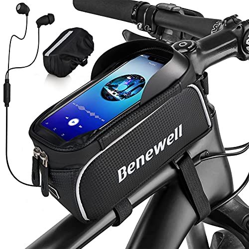  Benewell Bike Bag, Waterproof Bike Phone Front Frame Bag Miracle Bike Bag for Handlebar with 6.5 Transparent Touch Screen Top Tube Cycling Accessories Storage Pouch, Plus a Rain Cover