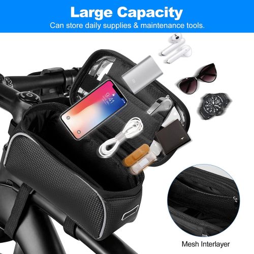  Benewell Bike Bag, Waterproof Bike Phone Front Frame Bag Miracle Bike Bag for Handlebar with 6.5 Transparent Touch Screen Top Tube Cycling Accessories Storage Pouch, Plus a Rain Cover