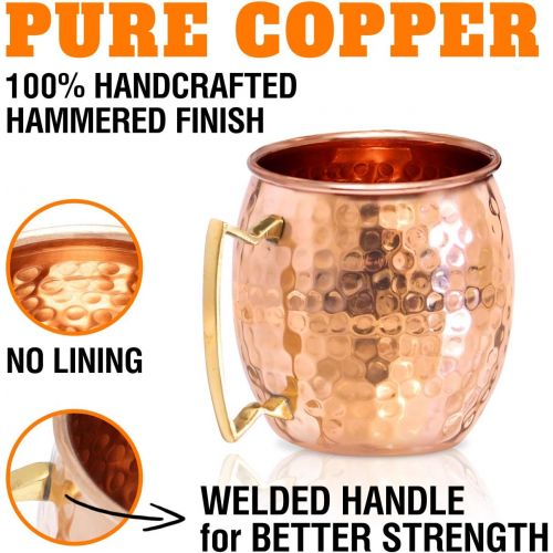  [아마존베스트]Benicci Moscow Mule Copper Mugs - Set of 4 - 100% HANDCRAFTED - Food Safe Pure Solid Copper Mugs - 16 oz Gift Set with BONUS: Highest Quality Cocktail Copper Straws and Jigger!