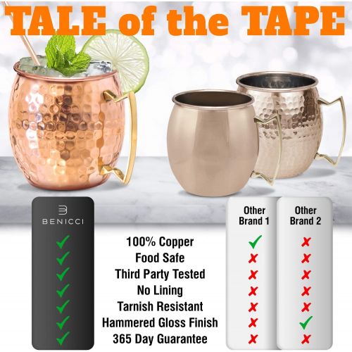  [아마존베스트]Benicci Moscow Mule Copper Mugs - Set of 4 - 100% HANDCRAFTED - Food Safe Pure Solid Copper Mugs - 16 oz Gift Set with BONUS: Highest Quality Cocktail Copper Straws and Jigger!