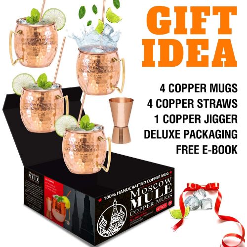  [아마존베스트]Benicci Moscow Mule Copper Mugs - Set of 4 - 100% HANDCRAFTED - Food Safe Pure Solid Copper Mugs - 16 oz Gift Set with BONUS: Highest Quality Cocktail Copper Straws and Jigger!