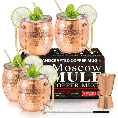  [아마존베스트]Benicci Moscow Mule Copper Mugs - Set of 4 - 100% HANDCRAFTED - Food Safe Pure Solid Copper Mugs - 16 oz Gift Set with BONUS: Highest Quality Cocktail Copper Straws and Jigger!