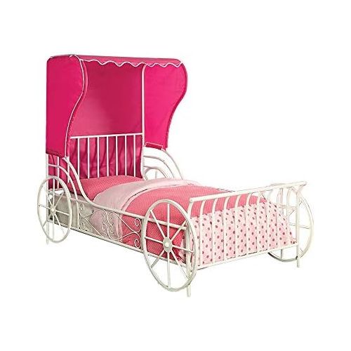  Benzara BM131752 Twin Size Metal Carriage Bed with Pink Wingback Tent, White