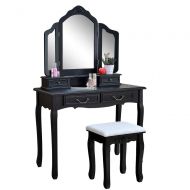 Benlet Vanity Set Dressing Table with Stool and Tri-fold Mirror Dresser with Dressing Stool & 4 Drawers(US Storage) (Tri-fold Mirror Dresser-Black)