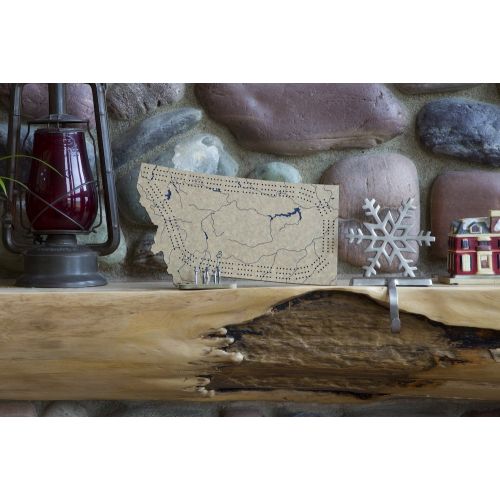  Benna Designs Montana 3 Track Cribbage Board Game Set with Engraved Topography, Rustic Nail Pegs and Stand / Counter