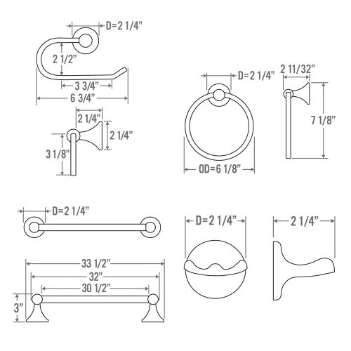  Bennington Lakefront 4 Piece Bath Accessory 32 Towel Bar Euro Paper Holder Set, Satin Nickel