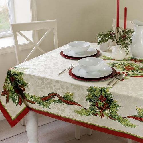  Benson Mills Christmas Ribbons Engineered Printed Fabric Tablecloth, 60-Inch-by-120 Inch